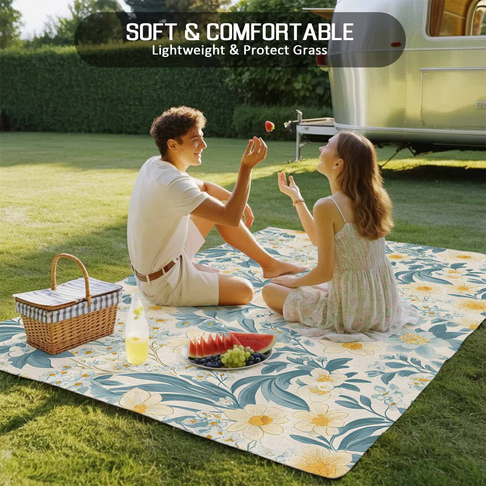 Fsddascl Spring Meadow Blooms Outdoor Rug for Patio/Deck/Porch, Non-Slip Large Area Rug 5 x 8 Ft, Teal Yellow Botanical Indoor Outdoor Rugs Washable Area Rugs, Reversible Camping Rug Carpet Runner