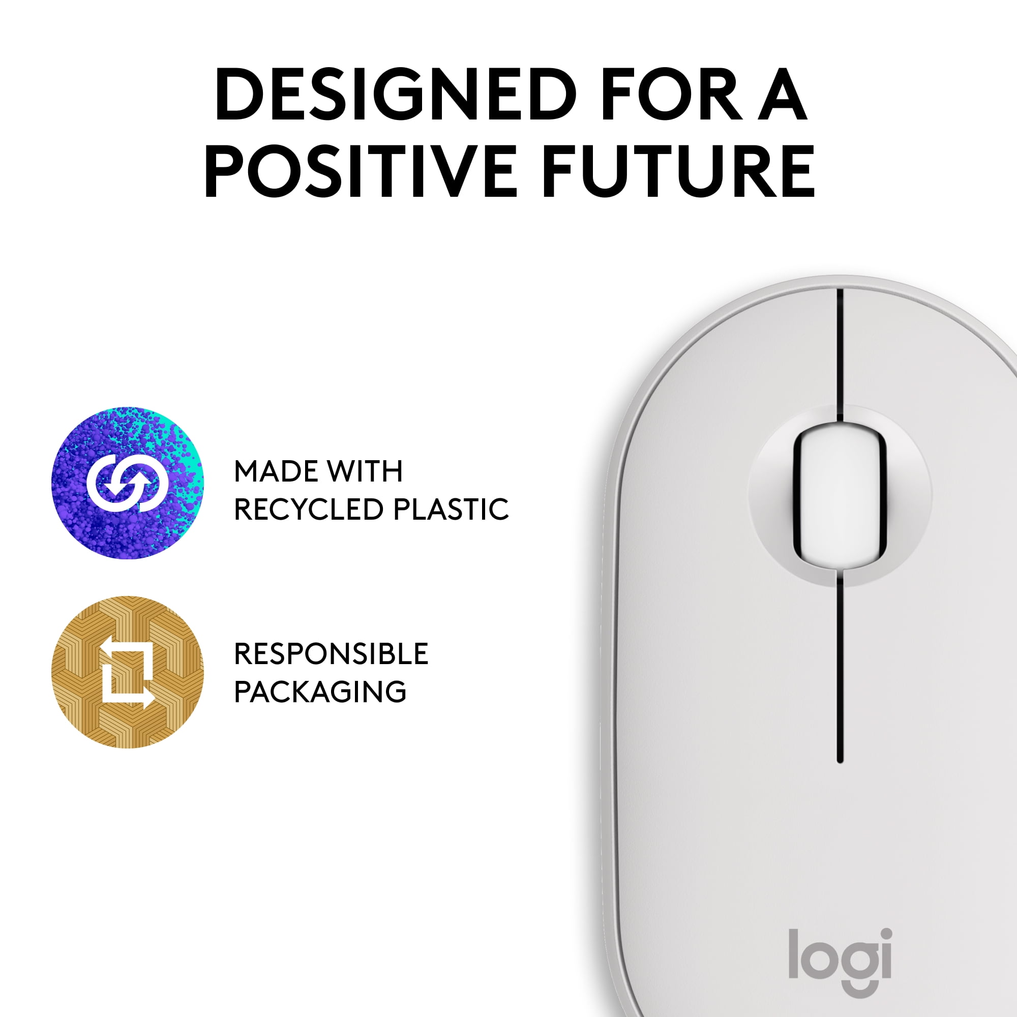 Logitech Pebble Mouse 2 M350s Slim Bluetooth Wireless Mouse, Portable, Lightweight, Quiet Clicks, Tonal White