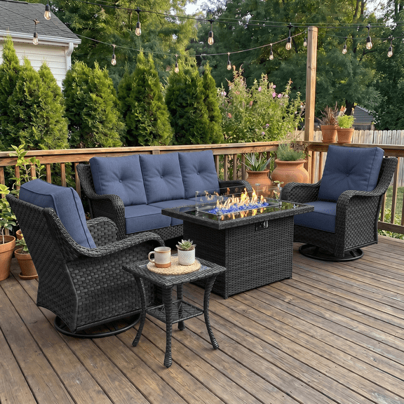 LayinSun 5 Pieces Patio Furniture Sets with Fire Pit Table, Outdoor Wicker Conversation Set with Swivel Chairs and 6" Thick Cushion for Deck Garden Backyar