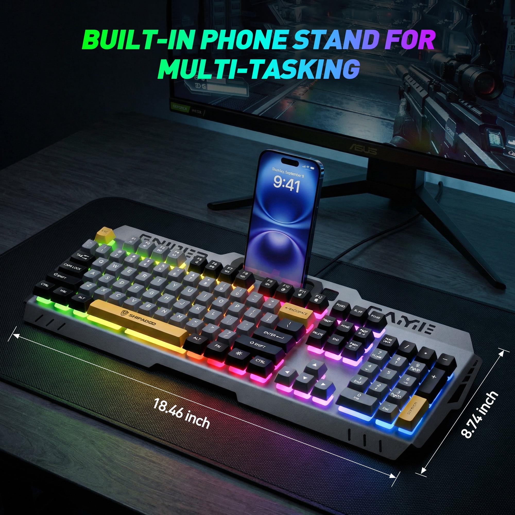 104 Keys RGB Light up Gaming Keyboard, All-Metal Panel & IPX3 Waterproof with Detachable Wrist Rest - USB Wired Computer Keyboard for Windows PC Gamer, Black & Gray