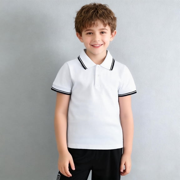 SGFCWSX Boys Short Sleeve Polo Shirt, Teens Collared Cotton Top Striped Trim Casual School Daily Summer Tees Black Size 17-18 Years