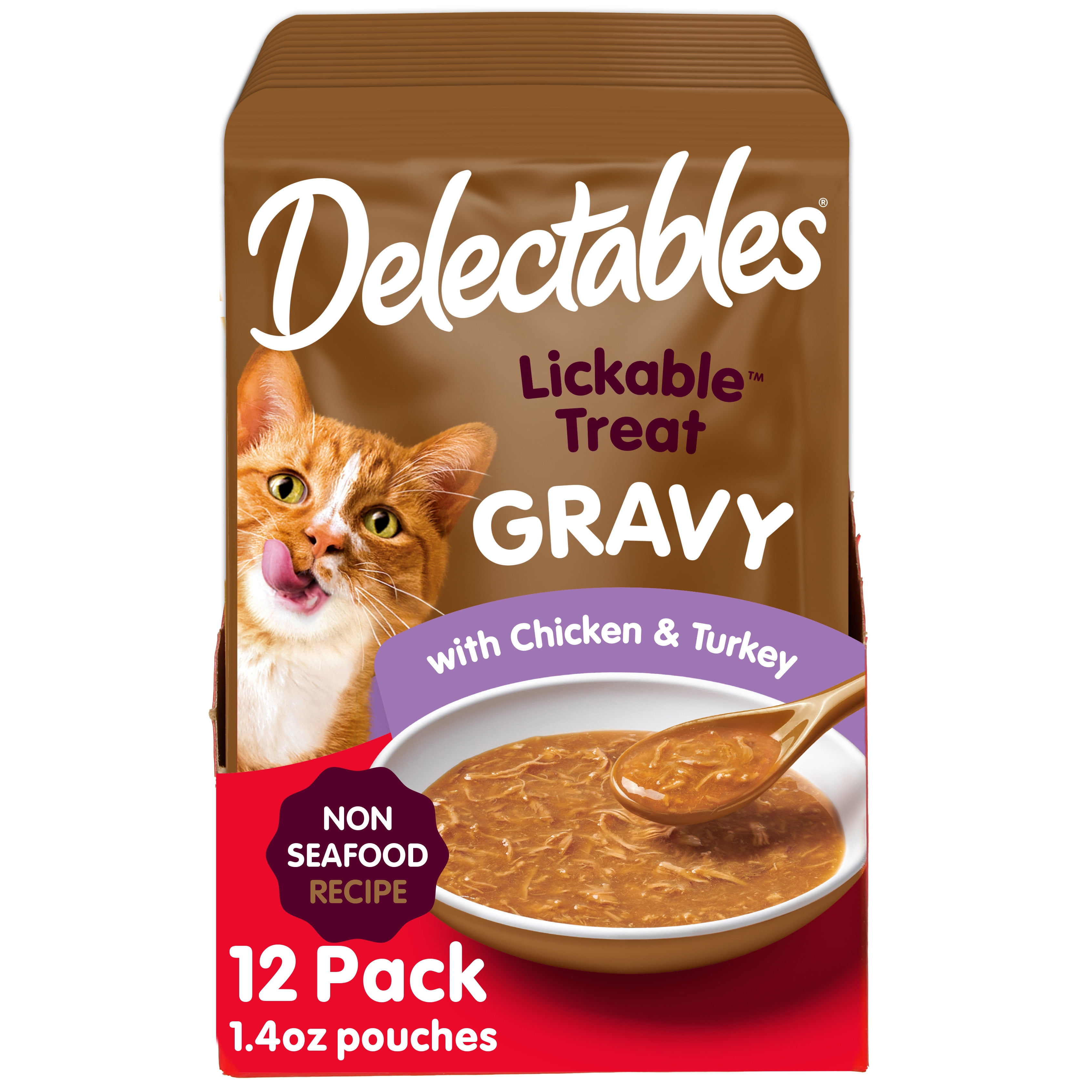 (4 pack) Hartz Delectables Non-Seafood Gravy Lickable Wet Cat Treats, Chicken & Turkey, 12 Count