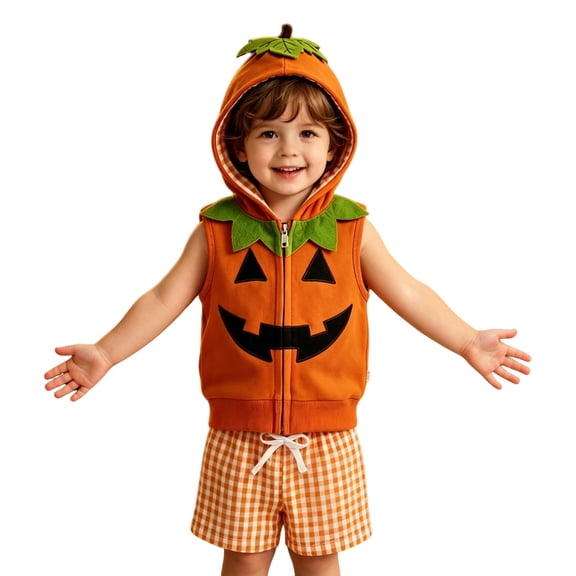 Gunia Baby Pumpkin Outfit Boys Halloween Outfit Toddler Hooded Sleeveless Vest Plaid Shorts 2 Piece Clothes,Size 0-5 Years