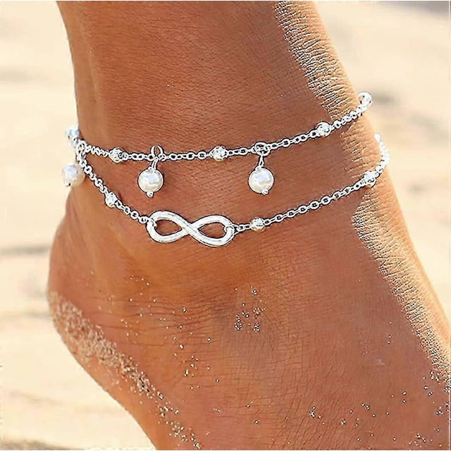 Boho Double Anklet Silver Bead Anklet Bracelet Beads Chain Forever Foot Jewelry for Women and Girls-Qhzl