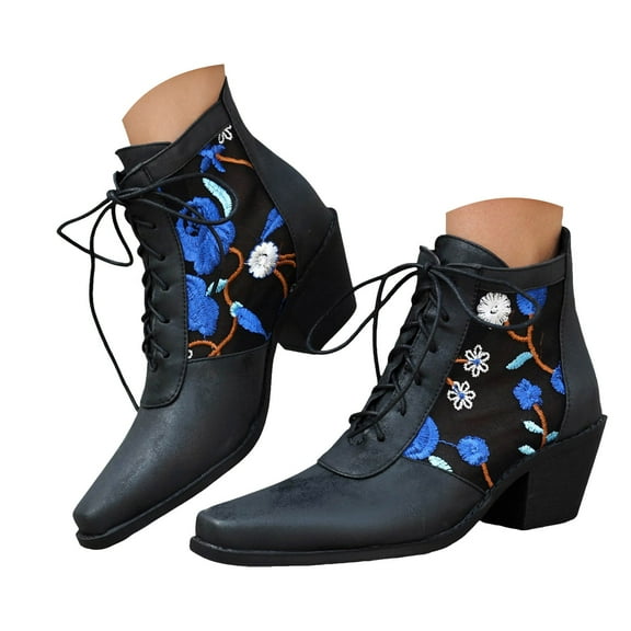 Mepaouo Lace up Ankle Boots Women Vintage Flower Embroidered Cowgirl Boots Chelsea Booties