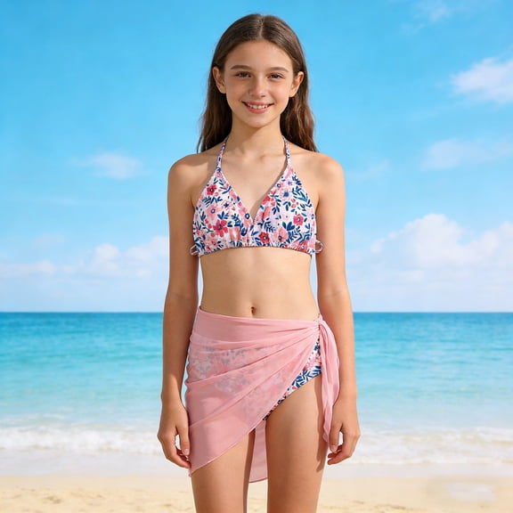 Girls Swimsuit Girl's Floral Print Two Piece Bikini Set with Adjustable Ties Bathing Suits for Girls Pink 12-13 Years