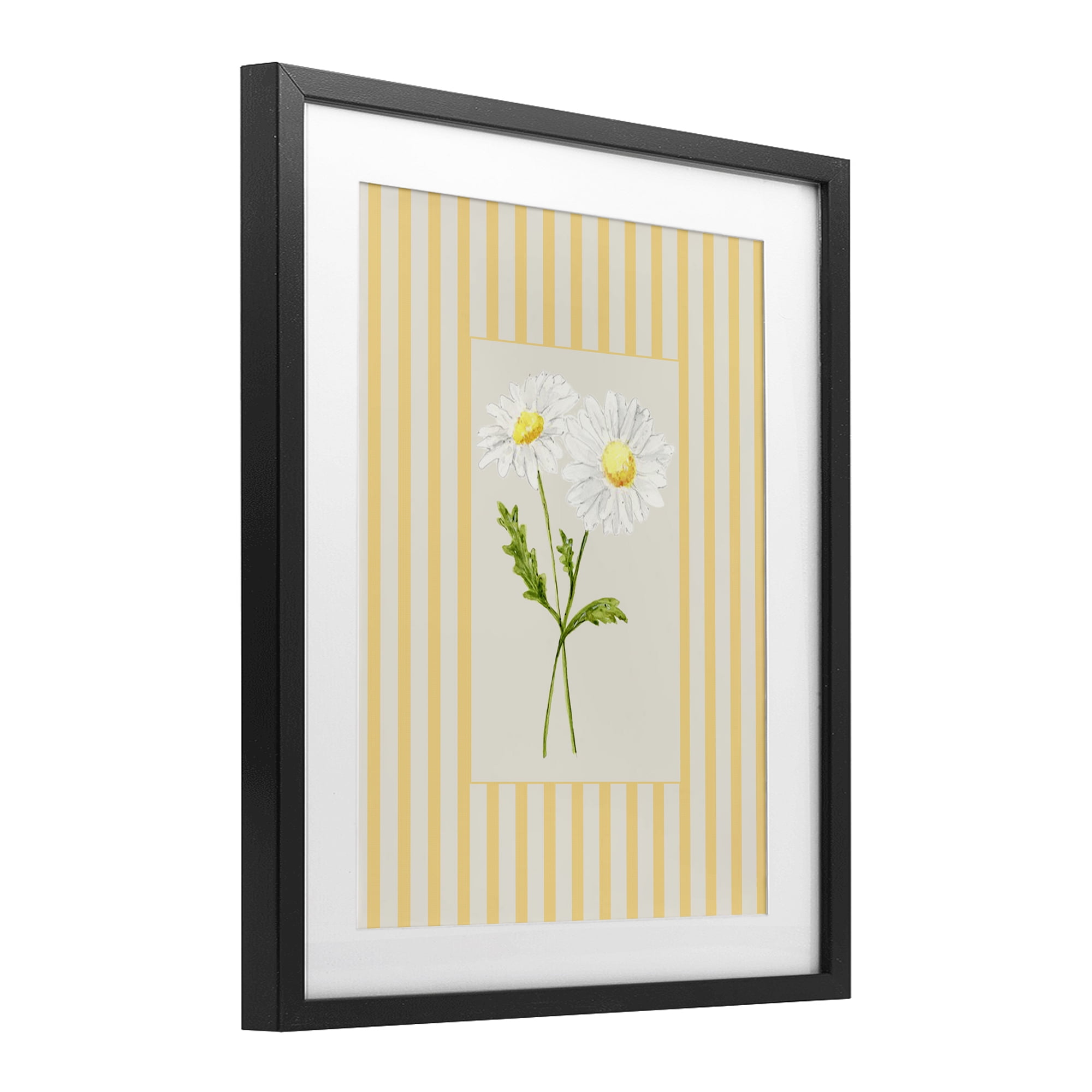 Yellow Stripe Daisy Black Framed Print Under Glass, design by Lisa Wehmeyer