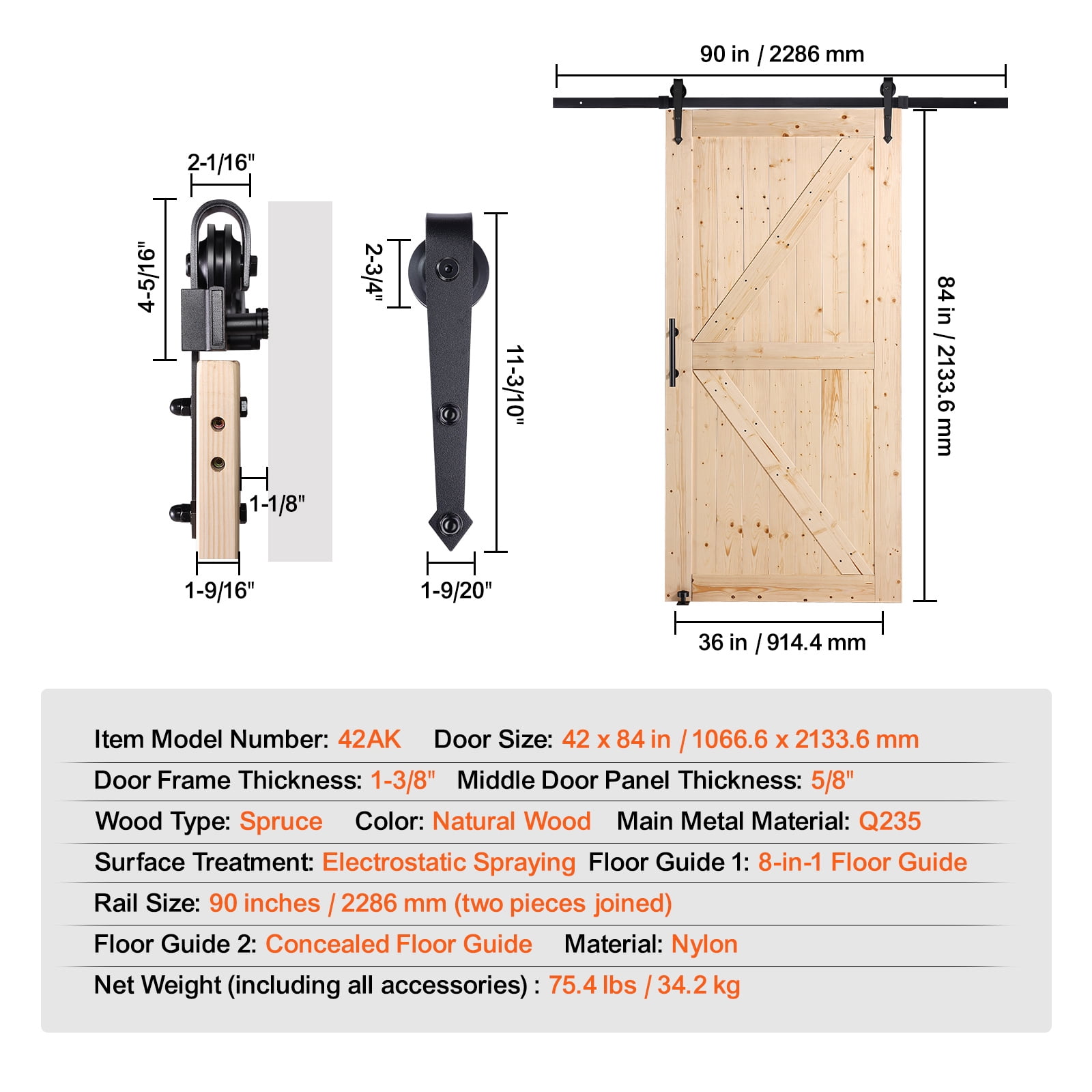 KFFKFF 42" x 84" Barn Door Hardware kit, Barn Door Track, Spruce Wood Panelled Slab, Sliding Door Hardware kit, Smoothly and Quietly -Heavy Duty Sturdy, Barn Door Kit with 8-in-1 Floor Guide