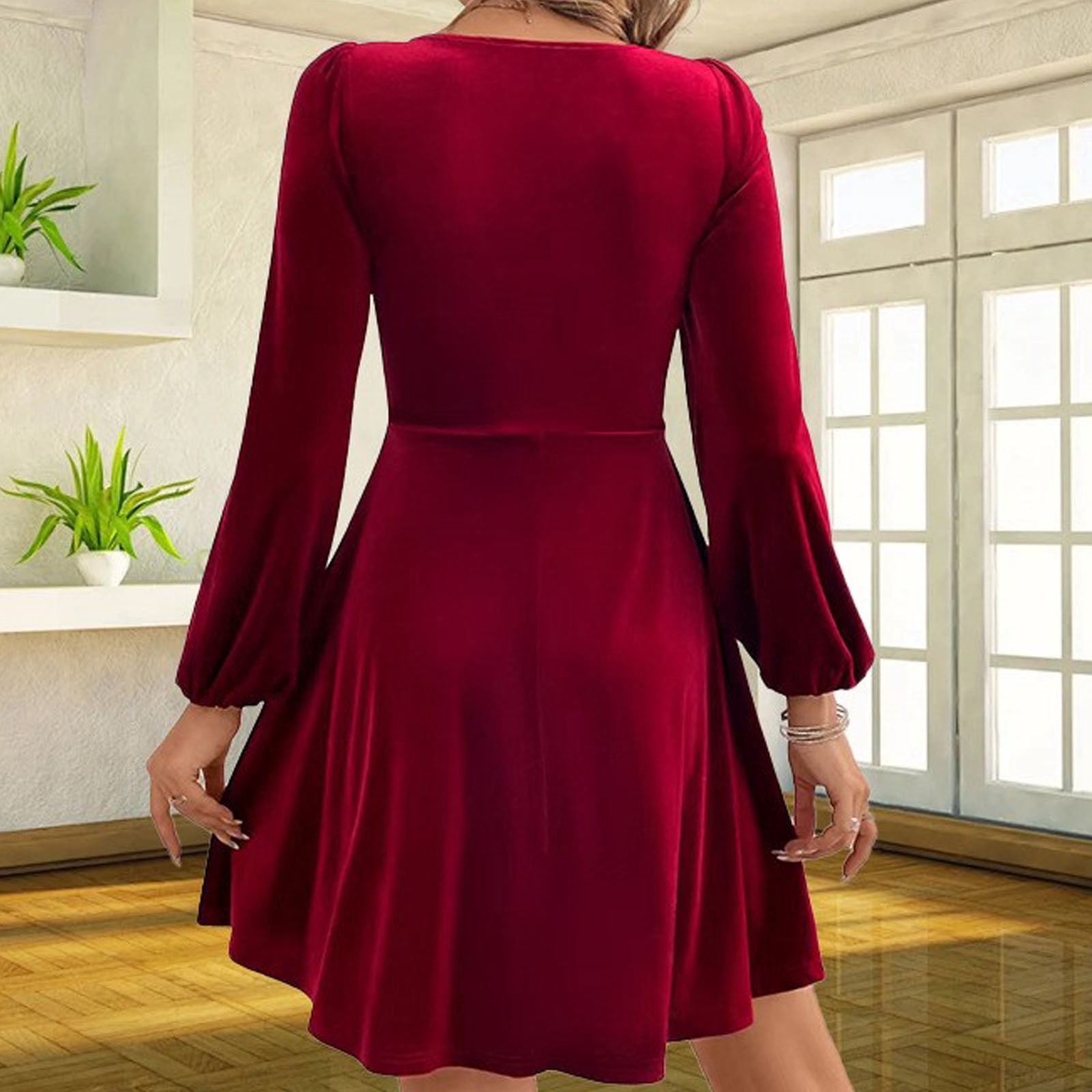 OSFVNOXV Retro Velvet Dress for Women Puff Sleeve V-Neck Wide Waistband Knee Length Cocktail Party Dress