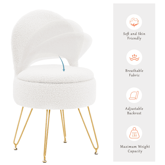 Casa Pura Furniture Modern Teddy Velvet Storage Ottoman with Folding Back, Round, White