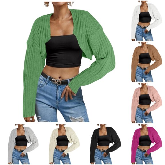 Tanghaowl Women's Cardigans Women Long Sleeve Open Front Ribbed Knit Crop Cardigan Solid Loose Drop Shoulder Sweater Top Green XXL