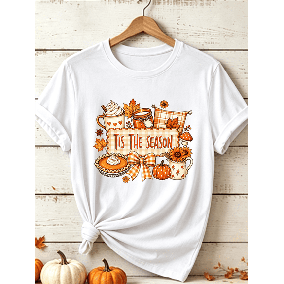 Tis The Season Fall Pumpkin Pie Hot Cocoa Graphic T-Shirt, Autumn Harvest Short Sleeve Tee for Women