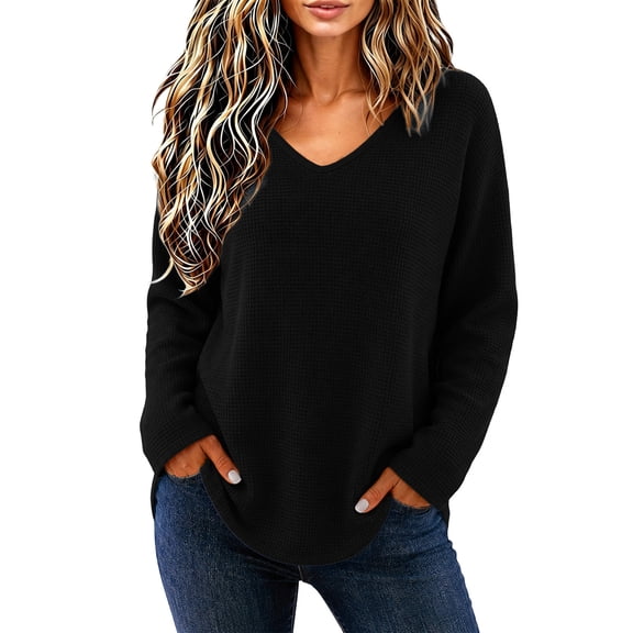 CLOISE Womens Waffle Tops Long Sleeve V Neck Casual Pullover Cotton Blend Solid Color Shirts Fall Winter Slim Outfits Black M
