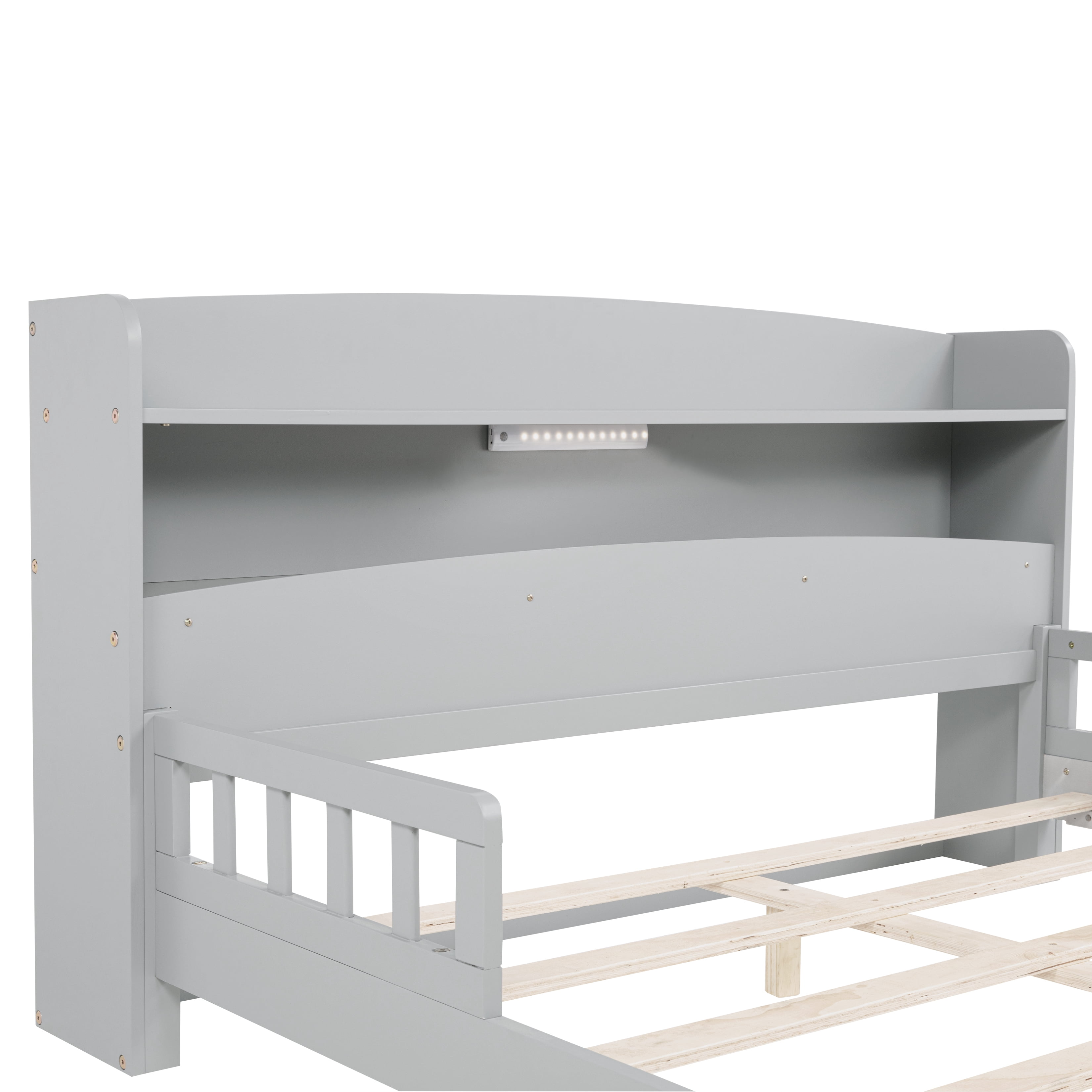 Alvantor Full Size Wood Bed with Bookcase Headboard, LED Sensor Light, Grey