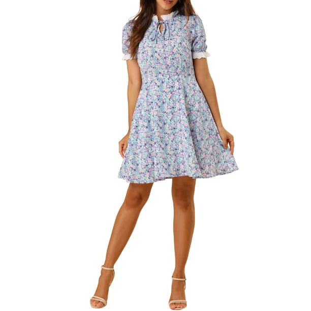 Vestido de verano floral de manga corta con cuello de lazo de INSPIRE CHIC para mujer en púrpura S