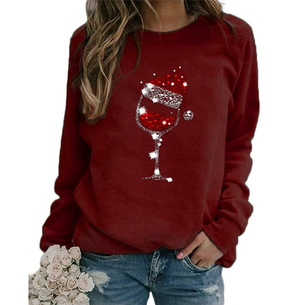 Women Long Sleeve T Shirt, Crewneck Long Sleeve Blouse Pure Bottom Color  For Office Wine Red XL