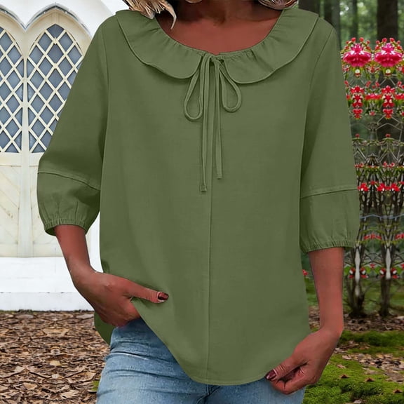 Xdegoge Cotton Linen Blouses for Women 3/4 Puff Sleeve Tunic Tops Ruffle Collar Tie Neck Casual Flowy Shirts Peasant Style Lightweight Breathable Spring Fall Workwear