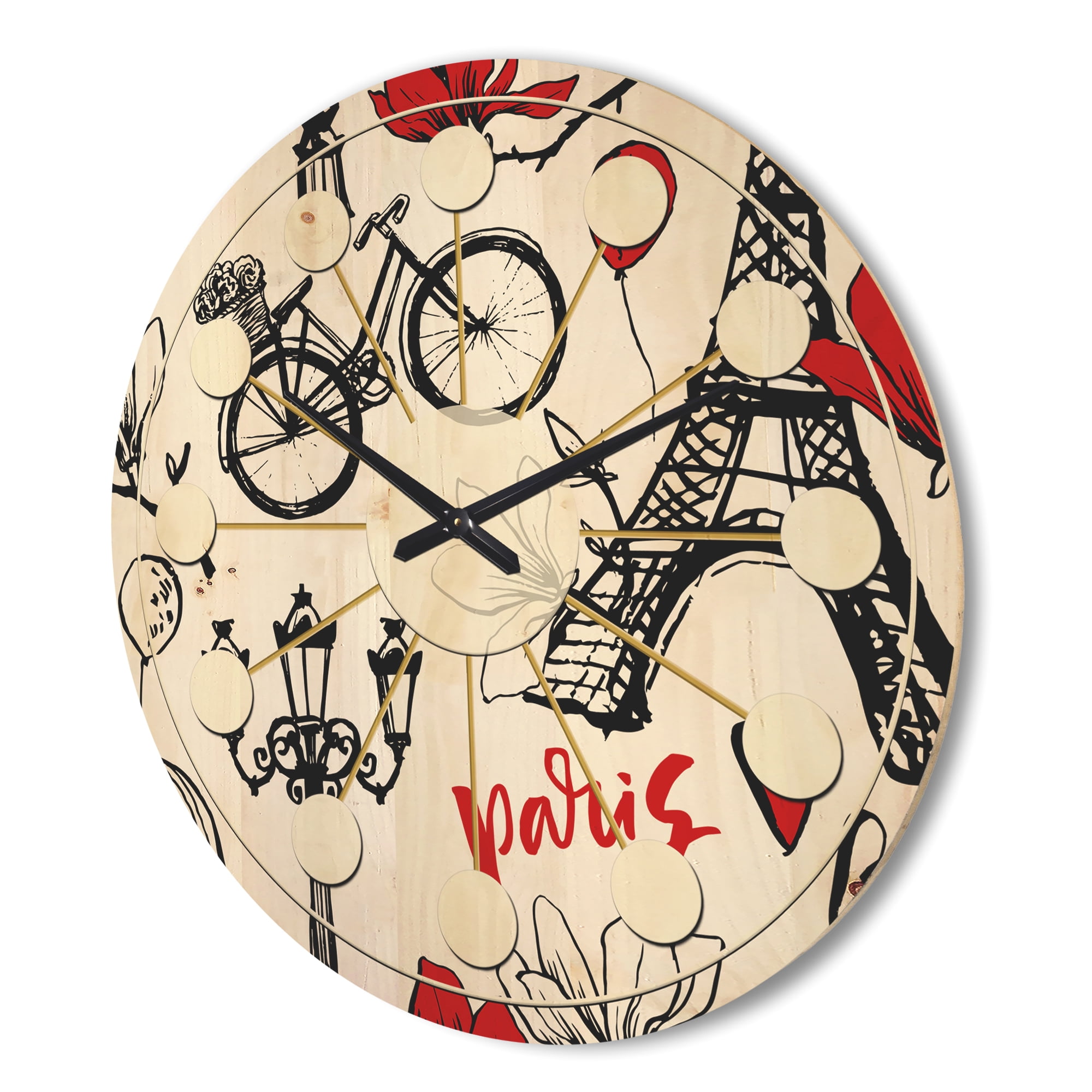 Designart 'Vactor Illustration Paris Eiffel ' Mid-Century Modern Wood Wall Clock