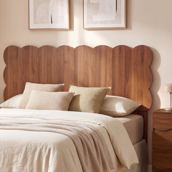 YOCWO Scalloped Full Size Headboard, Wooden Headboard with Wave Shape, Modern Farmhouse Bed Headboard, Easy Assembly, Walnut