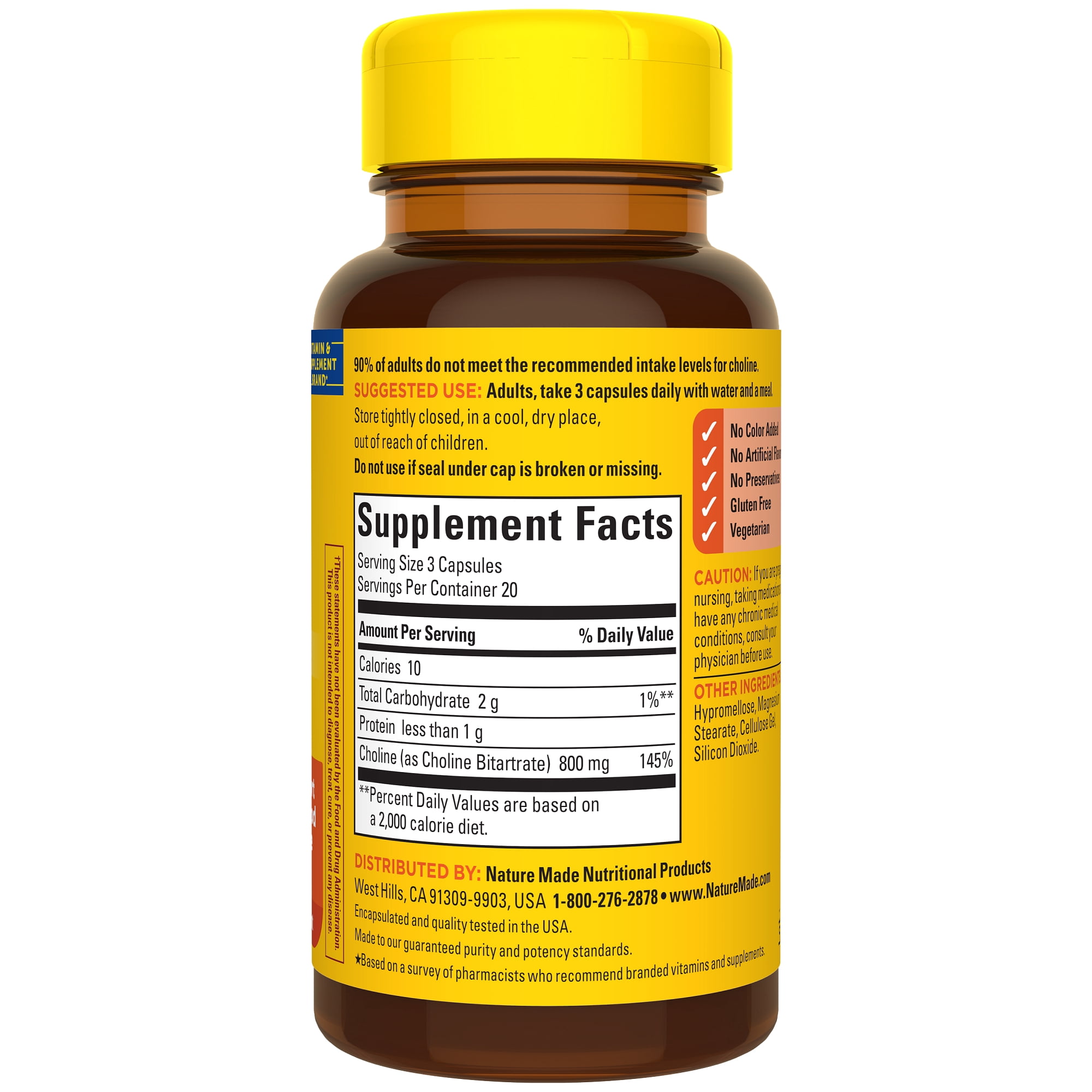 Nature Made Extra Strength Dosage Choline Supplement 800 Mg, Brain Support, 60 Capsules
