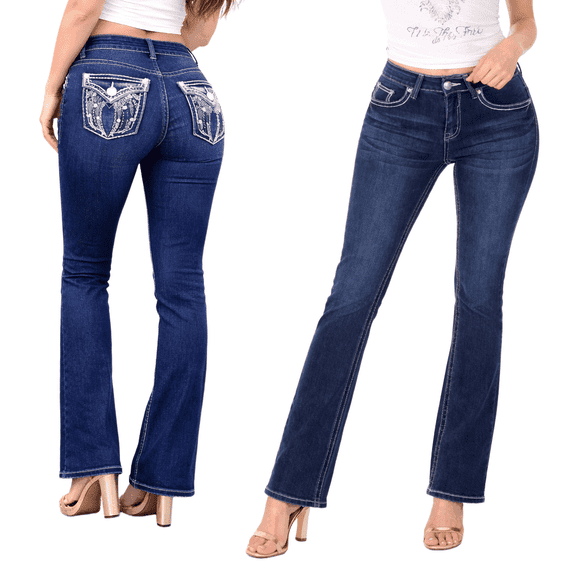 Jack David Women's Rhinestone Mid Rise Bootcut Stretchy Denim Jeans Pants (Bootcut Blue 724-pb)