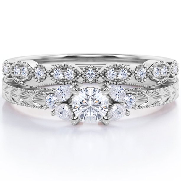 JeenMata Anillo de Bodas de 1,75 Quilates con Diseño Art Déco de Moissanita de Forma Redonda con Filigrana Milgrain y Siete Piedras Engastado en Oro Blanco de 18 K sobre Plata
