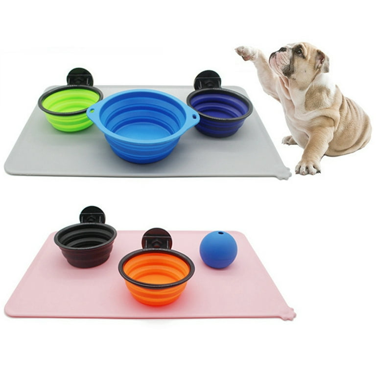 Odoland 2 Dog Bowls and Dog Feed Mat, Nonslip Pet Food Mat with High Edges  and Practical Collect Pocket, Stainless Steel Bowl and Feeding Mat Set for
