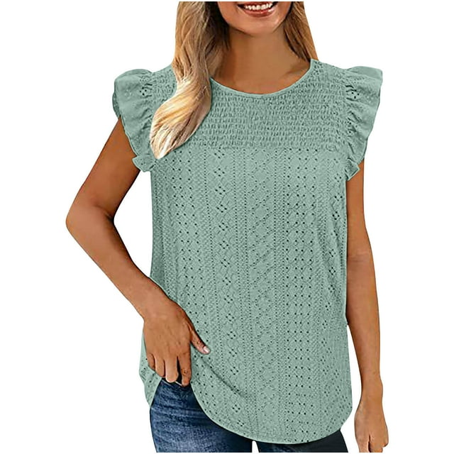 Hauts à Manches à Volants pour Femmes, Débardeur Sans Manches à Col Rond Uni avec Panneau Découpé, Hauts à Volants Sans Manches, Hauts à Manches 1/2 pour Femmes
