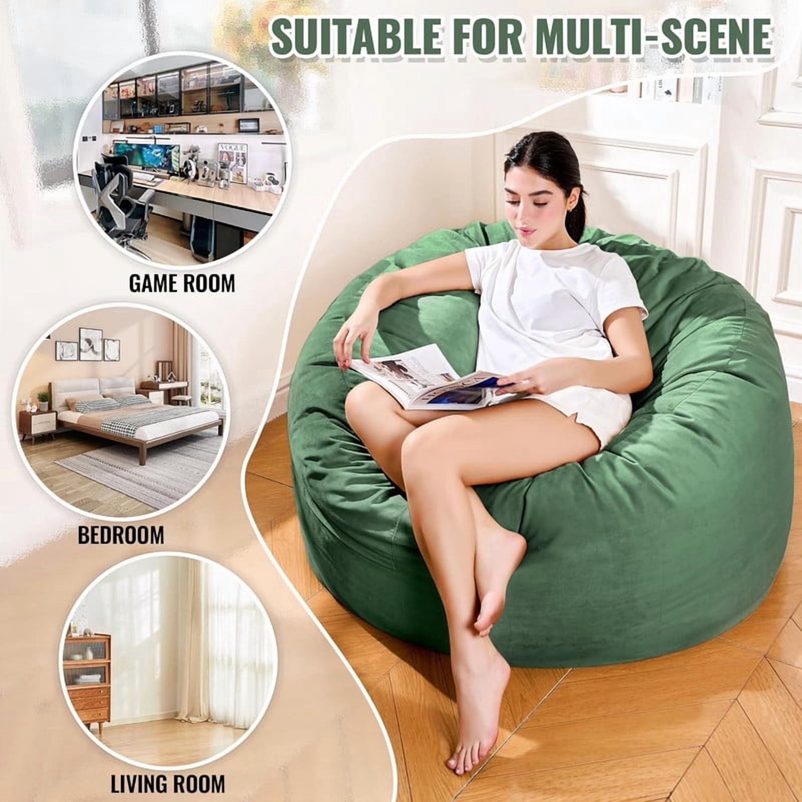 MOOSENG 4FT Bean Bag Chair, Comfy Bean Bag for Adults & Kids, Fluffy Large Bean Bag Sofa with Removable Cover & Side Pocket for Living Room, Gaming, Playroom
