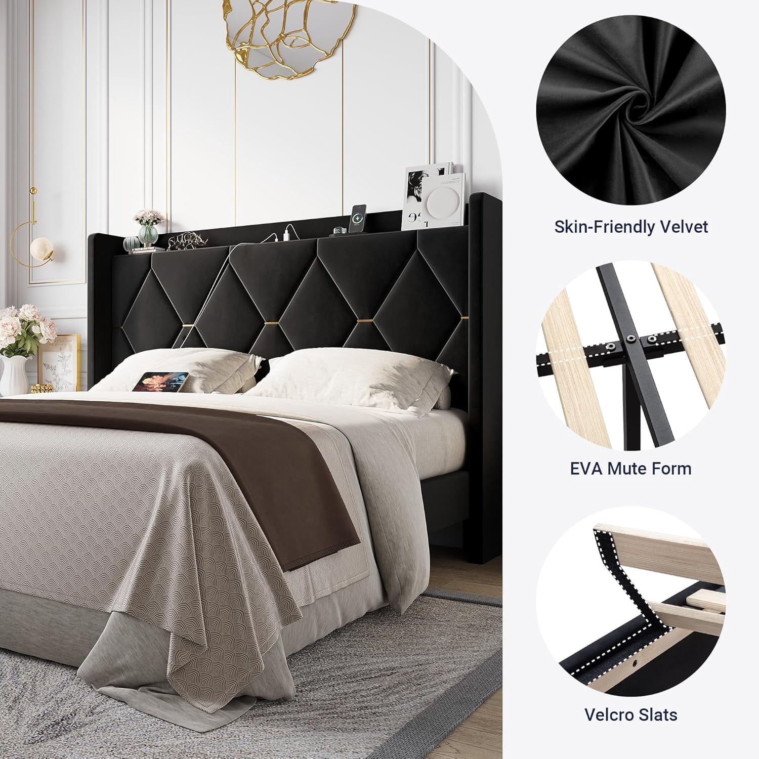 Allewie Velvet Queen Upholstered Bed Frame with Wingback Storage Headboard & Charging Station, Platform Bed with Diamond Tufted Design & Gold Trim, No Box Spring Needed, Easy Assembly, Black