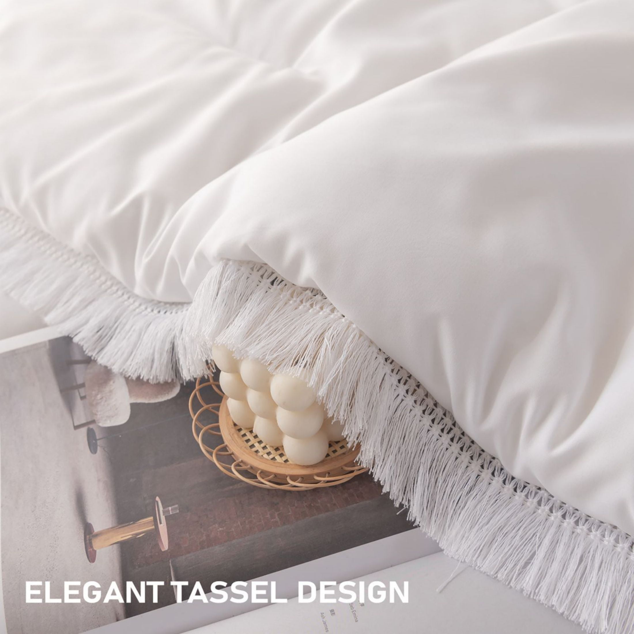 LEAFAX White Comforter Set Queen Boho Bedding Set Exquisite Tassel Pattern Microfiber Filling, Cozy Lightweight All Season, 5-Piece