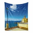 thumbnail image 1 of Italian Soft Flannel Fleece Blanket, Camogli Building Sea Lamp and Balcony Tourist Spot in Ligury Italy Print, Cozy Plush for Indoor and Outdoor Use, 50" x 60", Blue White and Yellow, by Ambesonne, 1 of 6