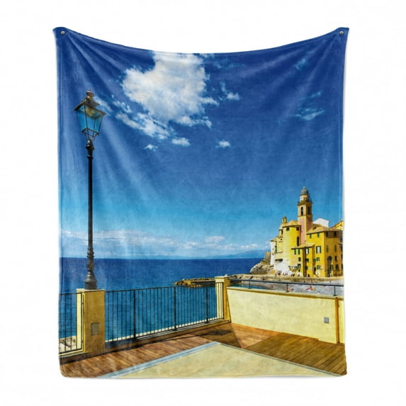 Italian Soft Flannel Fleece Blanket, Camogli Building Sea Lamp and Balcony Tourist Spot in Ligury Italy Print, Cozy Plush for Indoor and Outdoor Use, 50" x 60", Blue White and Yellow, by Ambesonne