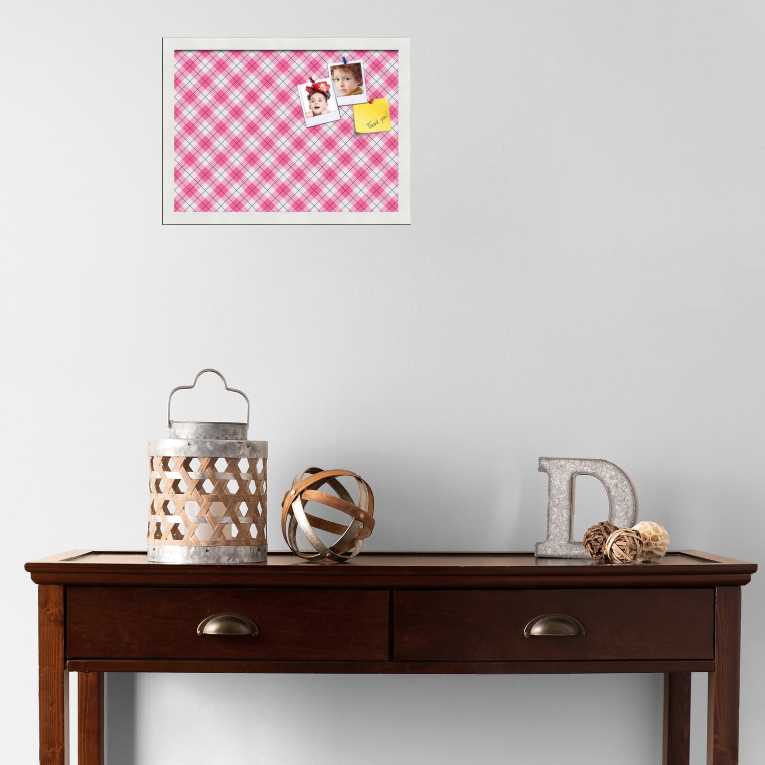 PinPix ArtToFrames 16x11 Custom Cork Bulletin Board Argyle Pink   Poster Board Has a Fabric Style Canvas Finish, Framed in Satin White Frame (PinPix-635)