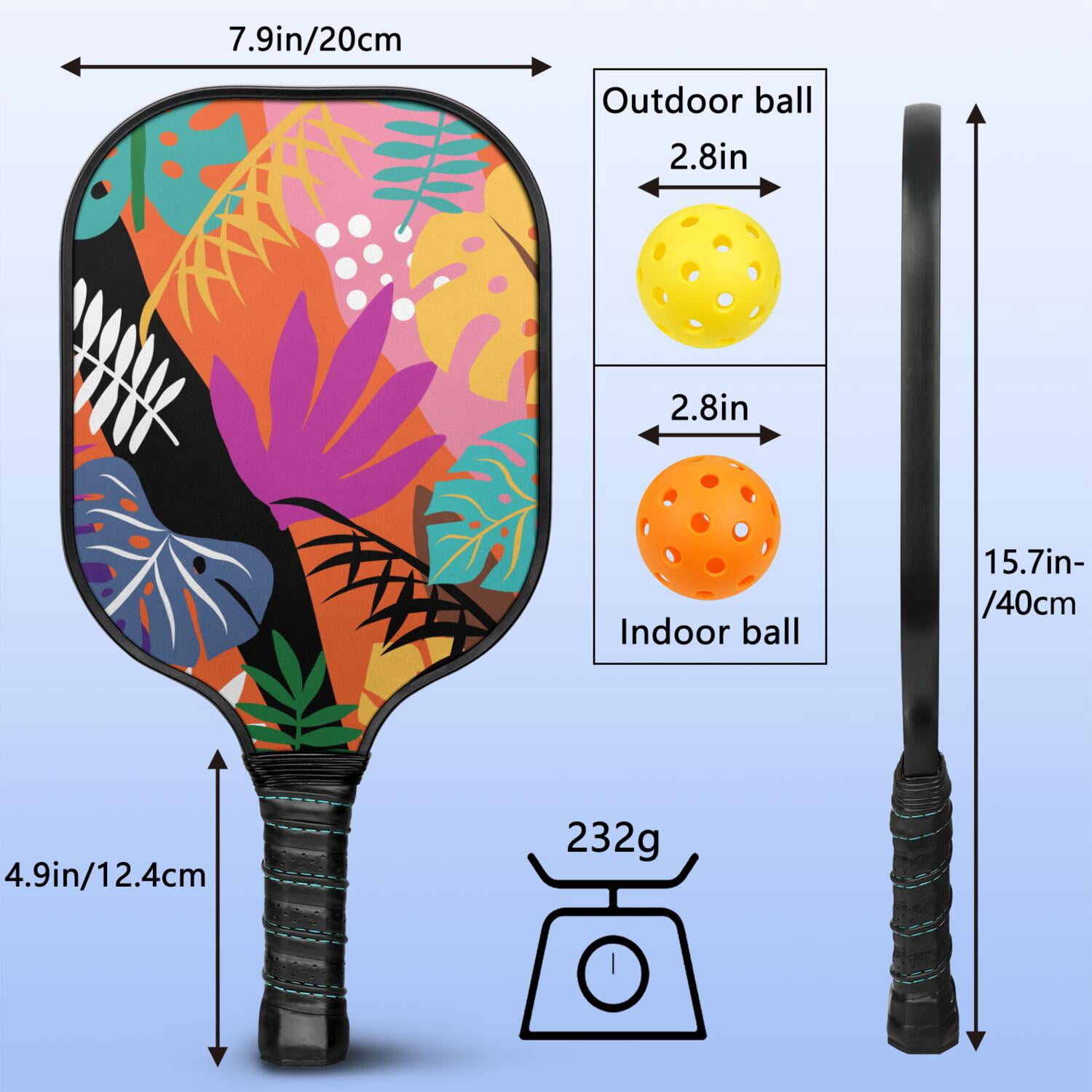 Pickleball Paddles Set Of 2, Fiberglass Surface, Tropical Jungle Print, 4 Balls & Bag