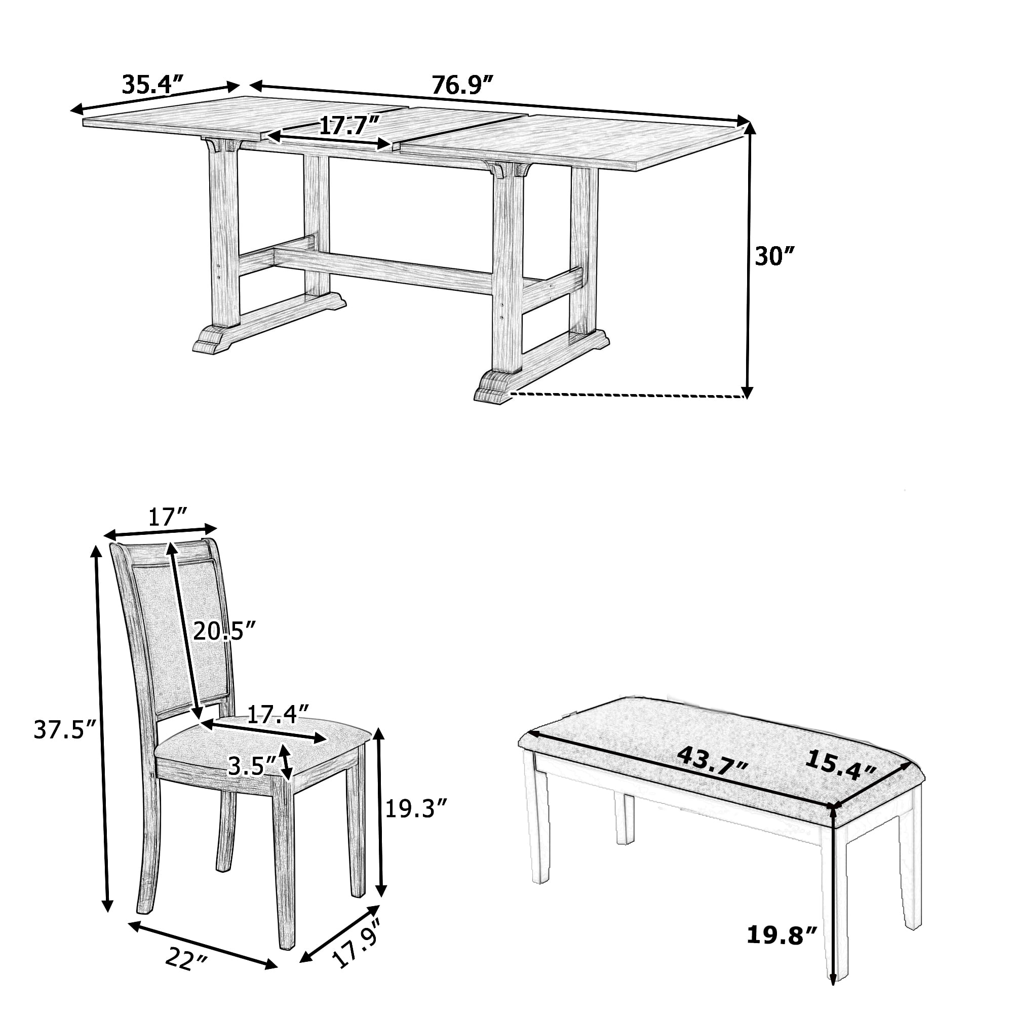 6-Piece Dining Table Set for 6, 76.9" Extendable Dining Table with Removable Leaf, 4 Chair and Bench