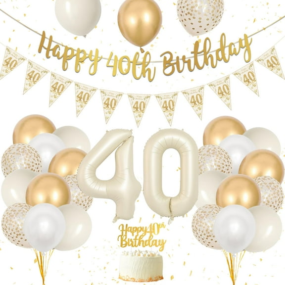 YANSION Happy 40th Birthday Decorations with Confetti Balloons, Beige Gold 40 Birthday Balloon Kit Party Supplies for Women, Sand White Gold Forty Years Old Bday Decor