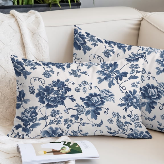 Navy Flowers Throw Pillow Cover, Pillowcase Protectors with Zipper, Breathable Decorative Lumbar Pillow Case Cover, Country Plants Pastoral Botanical Vintage Pillow Shams for Couch Sofa 16x24Inch