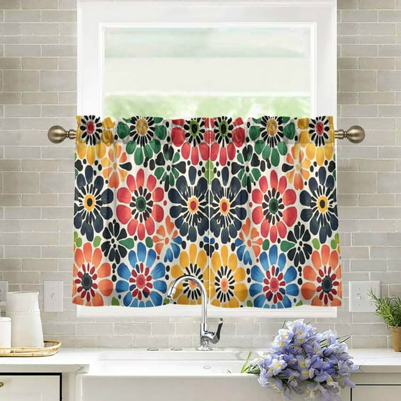Yayeee Kitchen Curtains Tier Pair Light Filtering 27"x24" Rod Pocket Short Cafe Window Panel, Dark Floral