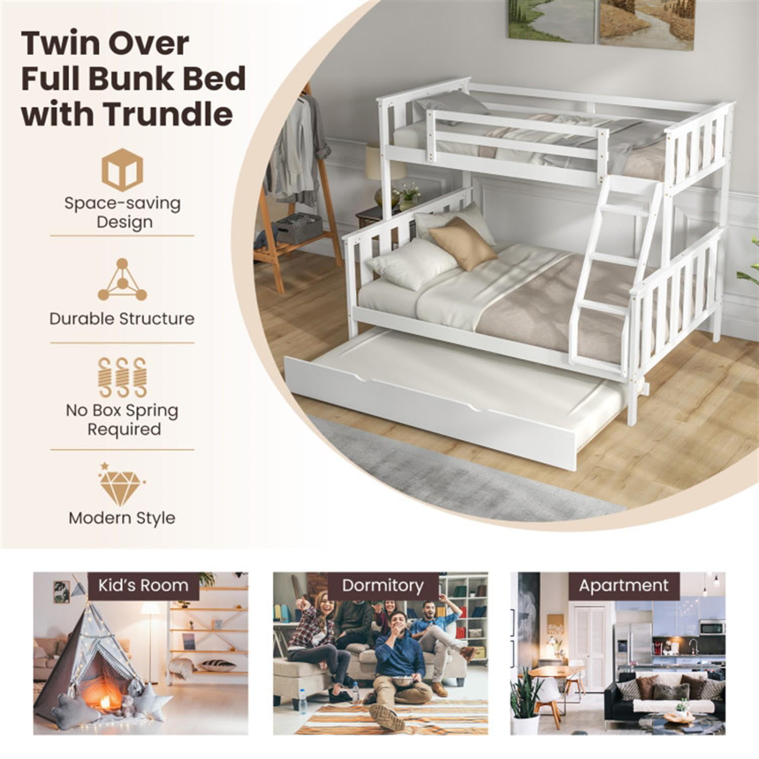 Demi Bonn 3-in-1 Twin Over Full Bunk Bed with Trundle and Ladder, Twin Bunk Beds, Bunk Beds, White