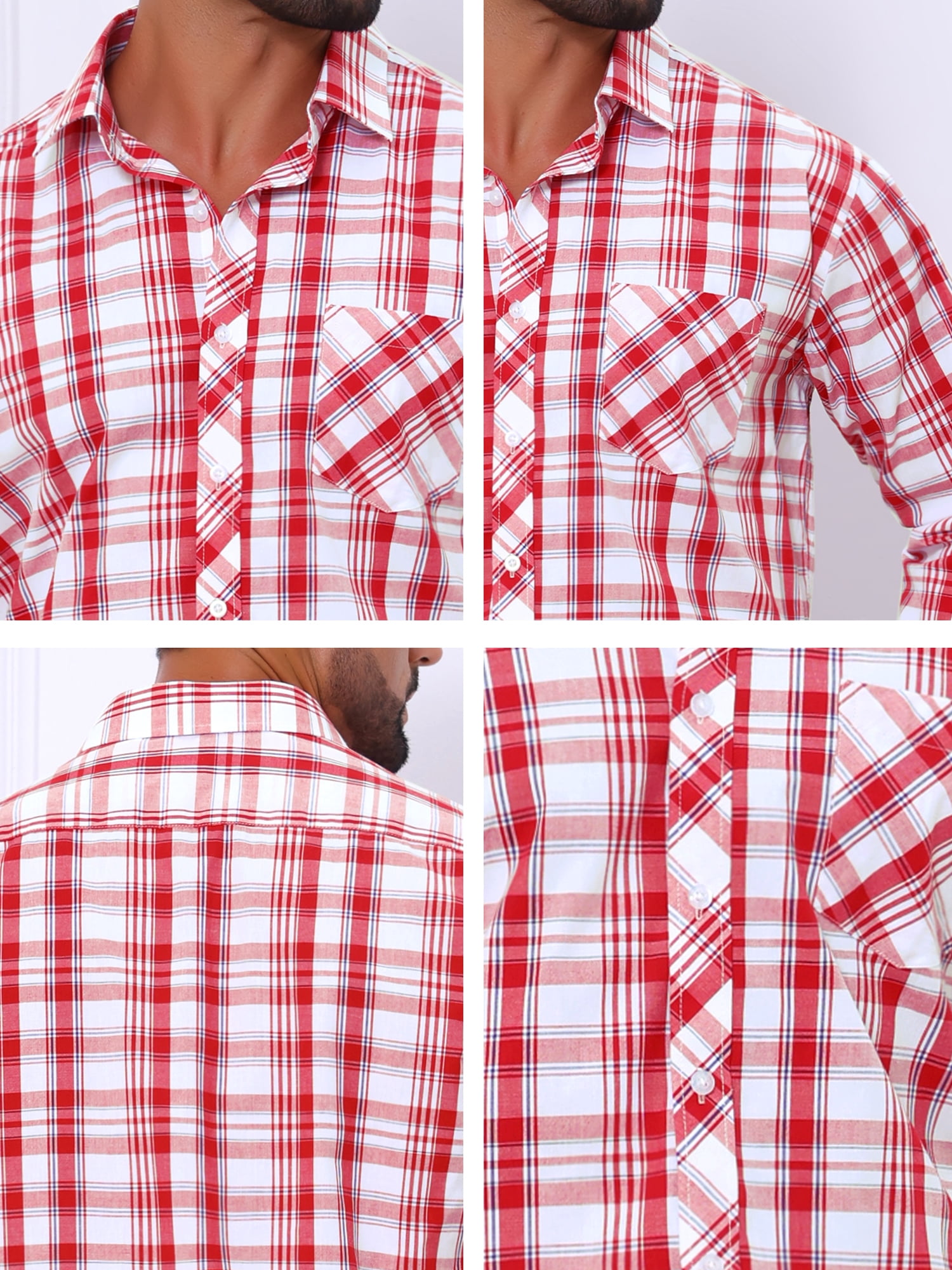 DARING DIVA Men's Long Sleeve Checked Shirt Point Collar Button Plaid Shirt M Red White