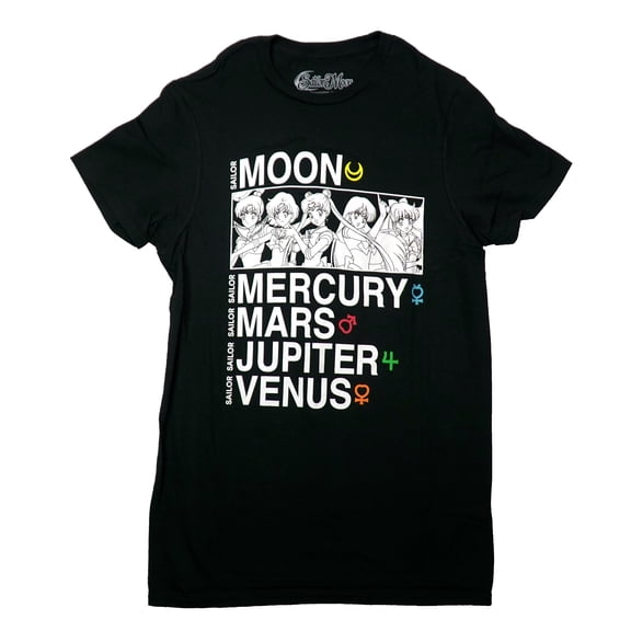 Sailor Moon Mens T-Shirt - Black and White Cast Over Names (Small)