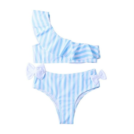Hiijoy Big Girls Bikini Swimsuit Striped Ruffle Bow Bathing Suit Hawaii Beach Swimwear