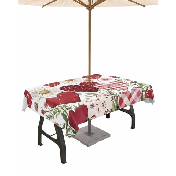 Fsddascl Valentines Outdoor Tablecloth - 60x102 Inch Rectangle Dining Table Cover, Botanical Spring Daisy Love Heart Waterproof Outdoor Table Cloth with Umbrella Hole & Zipper for Picnic/Patio/Party