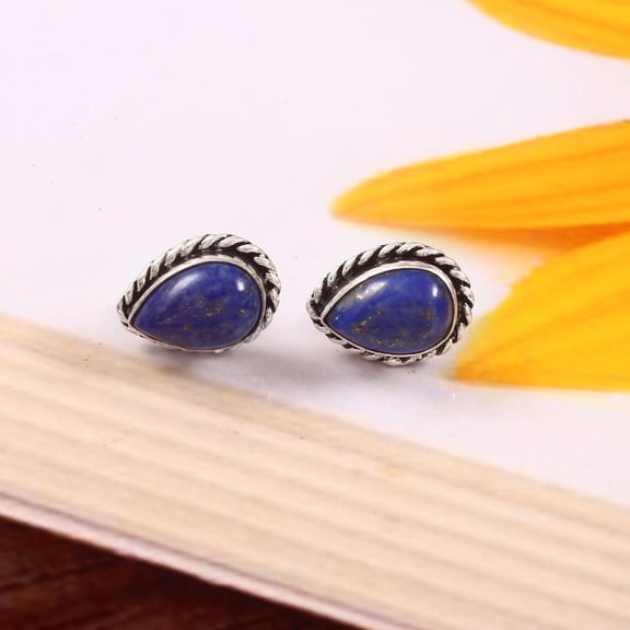 Lapis Lazuli Stud Earrings – 925 Sterling Silver Pear Shape Natural Lapis Gemstone Studs for Women, Handmade Boho Minimalist Blue Stone Jewelry Gift