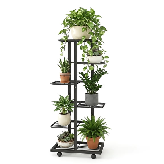 Eurhowing 6 Tier Plant Stand with Wheels, Heavy Duty Metal Rolling Flower Pot Display Shelf, Tall Corner Plant Rack for Indoor Outdoor Use, Black