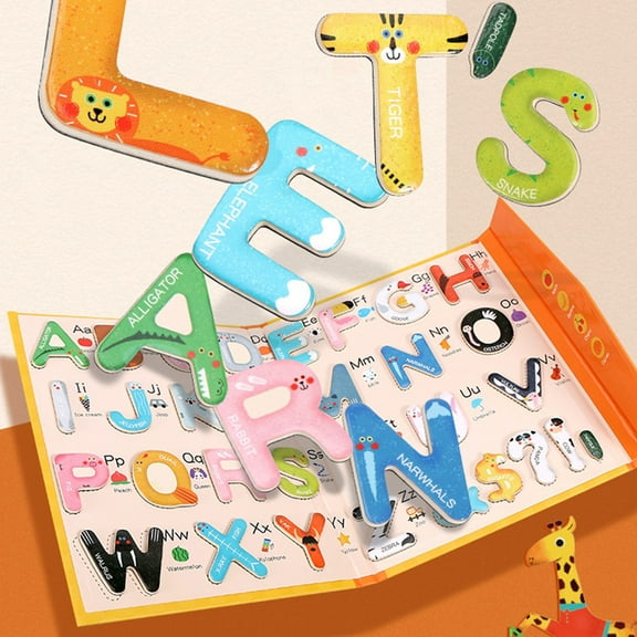 Wooden Magnetic Alphabet Letters Set for Fridge | Colorful Educational Magnets with Illustrated Book | Uppercase A-Z Animal Shapes | Learning Toys | Includes Water Pen | 18x22cm Ziplock Pack