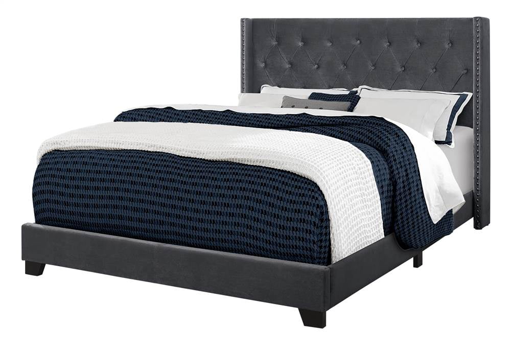 BED QUEEN SIZE / DARK GREY VELVET WITH CHROME TRIM