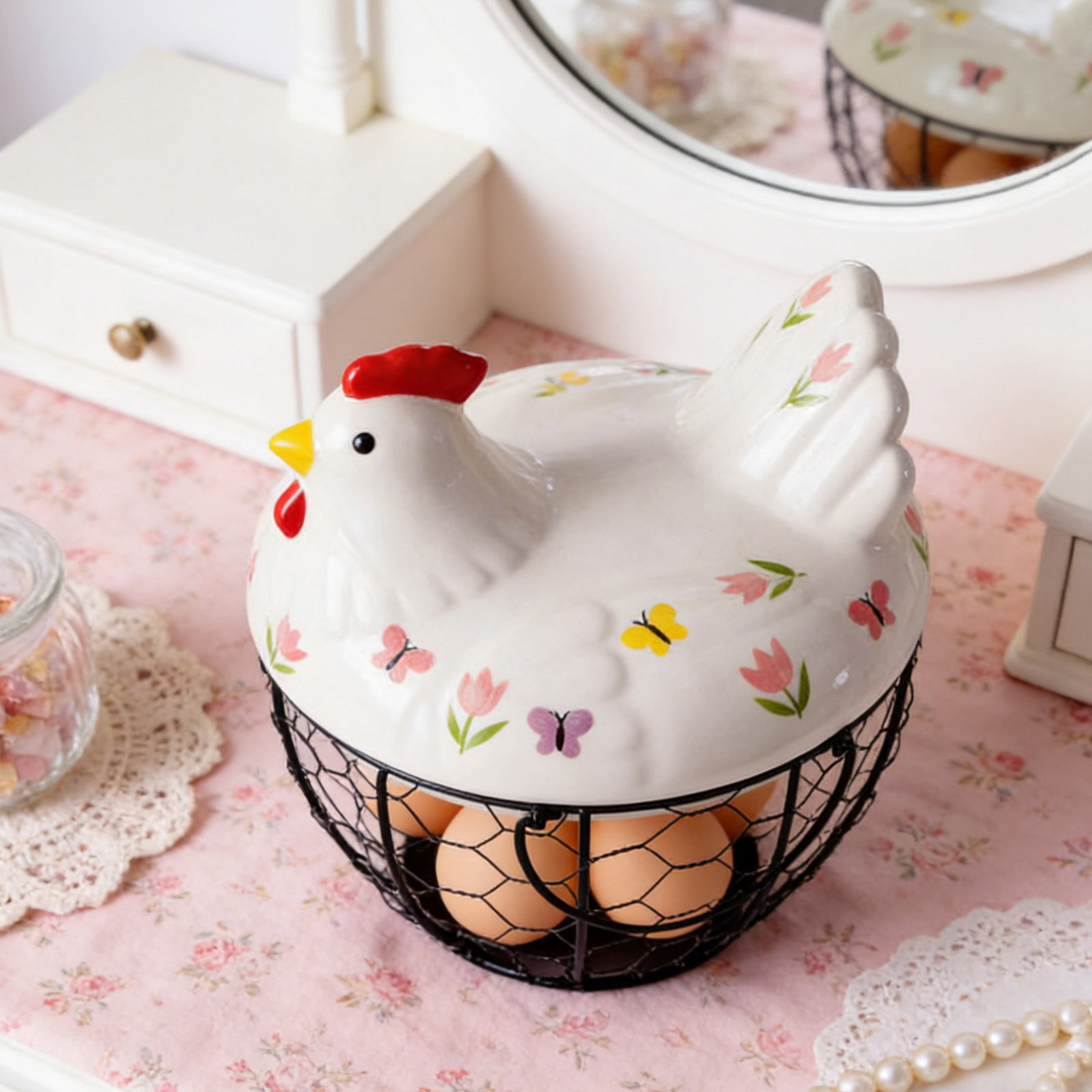 Farmhouse Egg Basket with Ceramic Lid, Black Wire Egg Holder for Fresh Eggs, Decorative Chicken Design Egg Storage Container, Kitchen Countertop Organizer Case for Eggs
