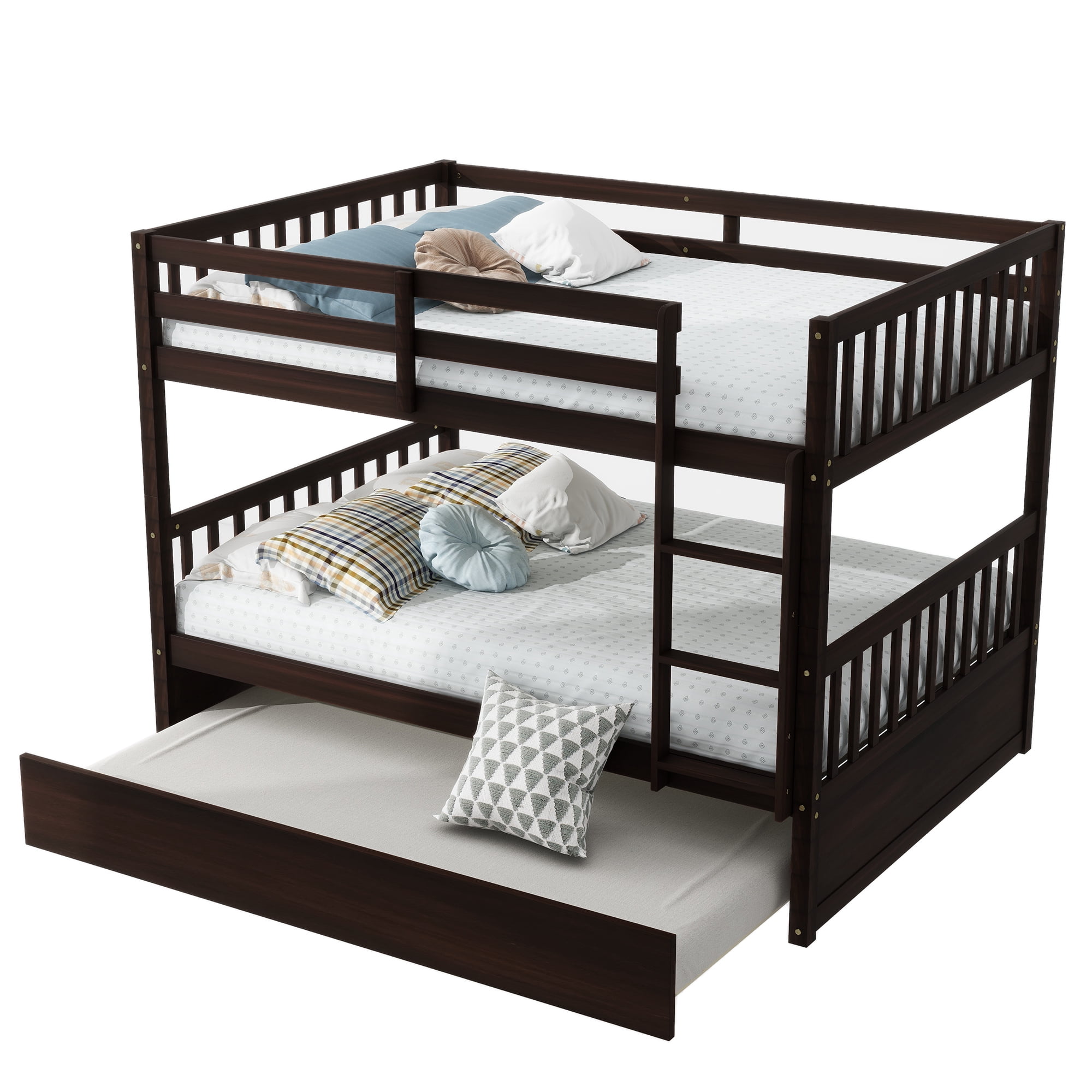 Leumius Full Over Full Size Bed Frame with Trundle, Ladder and Guardrails, Convertible to 2 Full Size Beds, Rubber Wood Bed with Twin Size Trundle for Boys Girls Espresso